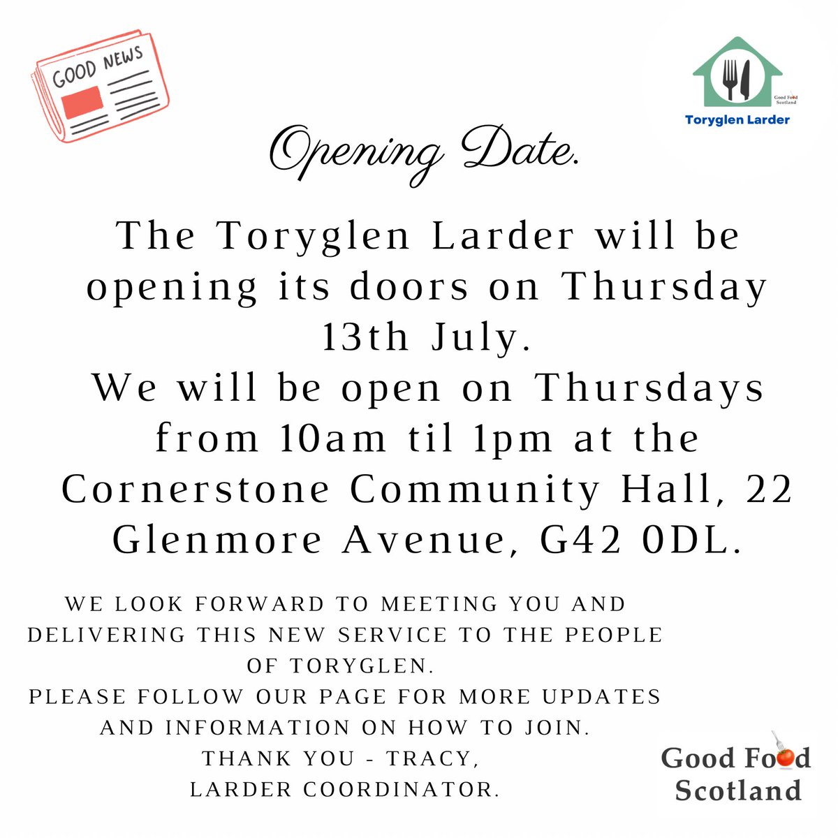 Excited to share the news that we have our new opening date!
More details below.⬇️ 
Information about how to join etc will be posted in the coming days.
It's taken a bit longer than we'd anticipated, but you know what they say? All good things! 😀
#TeamToryglen <a href="/GoodFoodScot/">Good Food Scotland</a>