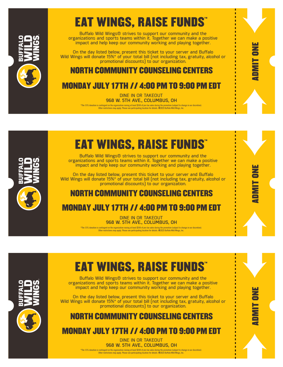 NCCC1968's tweet photo. Join us on July 17 at the Grandview Buffalo Wild Wings from 4-9pm to support your favorite community mental health agency! Good food, good cause! 🍗❤️

#NorthCommunityCounselingCenters
#BuffaloWildWings https://t.co/ofbuLa43OU