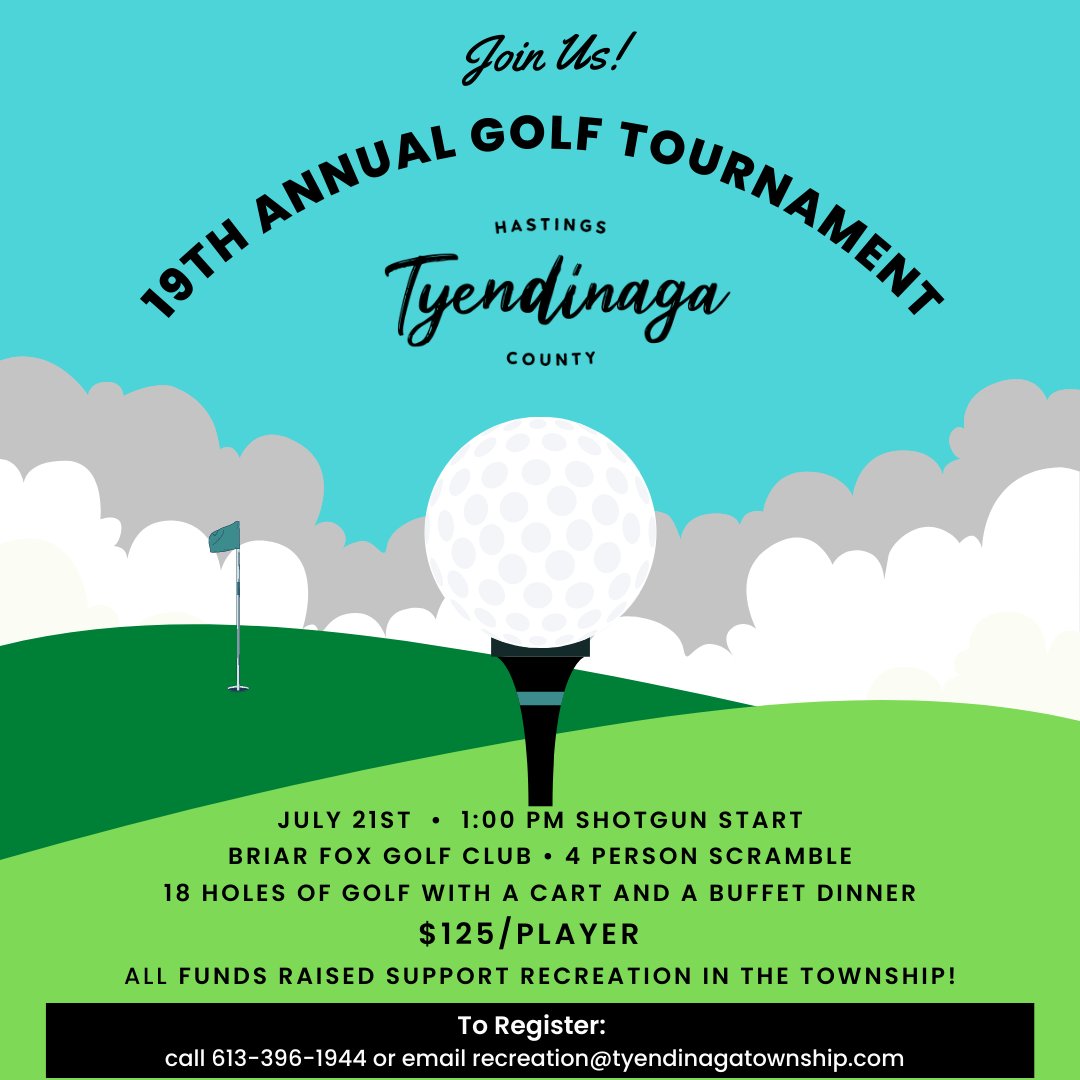 REMINDER: Our 19th Annual Tyendinaga Township Golf Tournament will take place on July 21st at Briar Fox Golf Club. 

The deadline to register is this Friday, July 7th at 12:00pm (noon). 

See you there 😄