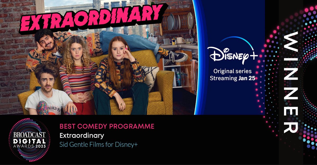 Opening the night with our first award… Best Comedy Programme! And the winner is – Extraordinary, @sidgentlefilms for @DisneyPlusUK #BDA2023