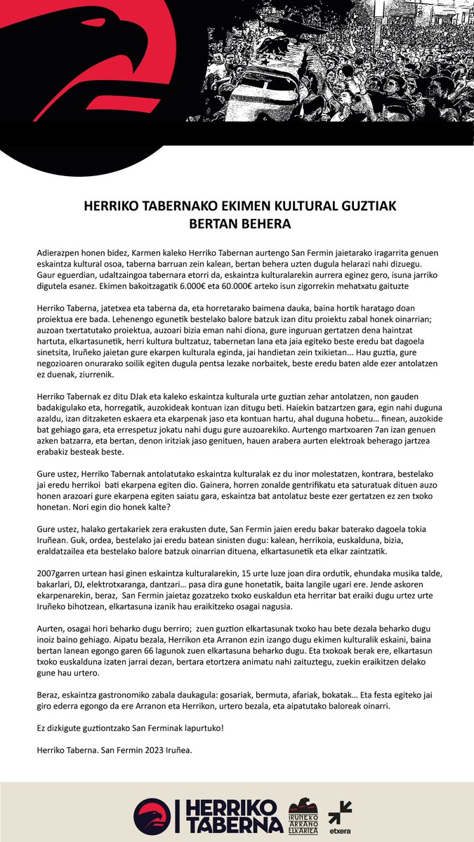 Herriko Taberna (@herrikotaberna) on Twitter photo Zabaldu eta Zatozte mesedez.
Bertan itxarongo zaituztegu! Zabaldu eta Zatozte mesedez.
Bertan itxarongo zaituztegu!
