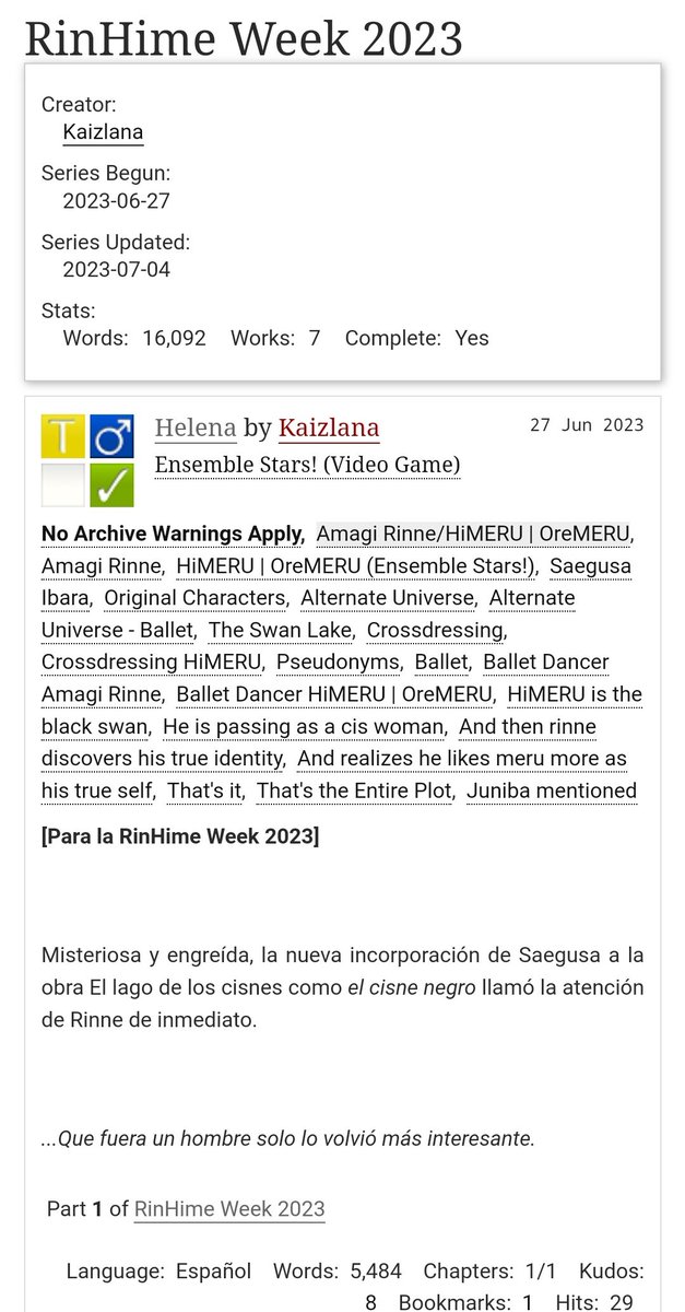 rinhimeweek's tweet photo. Promo time!! For one of our contributors who is just posting on ao3!! https://t.co/Q3iCAJTXPH
Here's @kaizlana 's fic collection!! (EN ESPAÑOL EOOOO)

#Rinhimeweek https://t.co/Dp9dZSJdFh