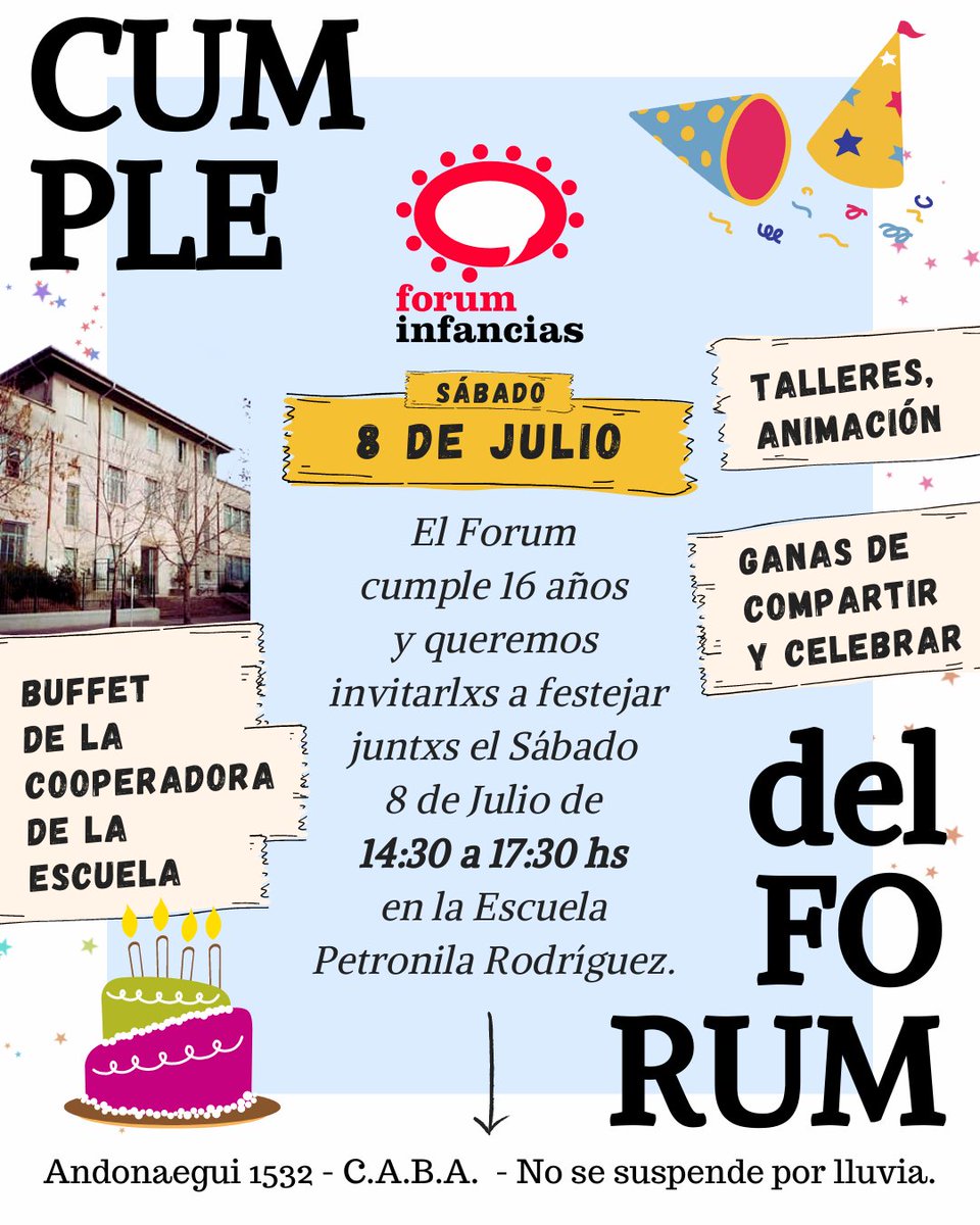 Invitamos a una actividad abierta con actividades para niñxs, este sábado 8/7 de 14.30 a 17.30 hs en Andonaegui 1532, Ciudad de Buenos Aires.
Celebraremos los 16 años del FORUM INFANCIAS trabajando por infancias y adolescencias libres de etiquetas. Lxs esperamos! 
#foruminfancias
