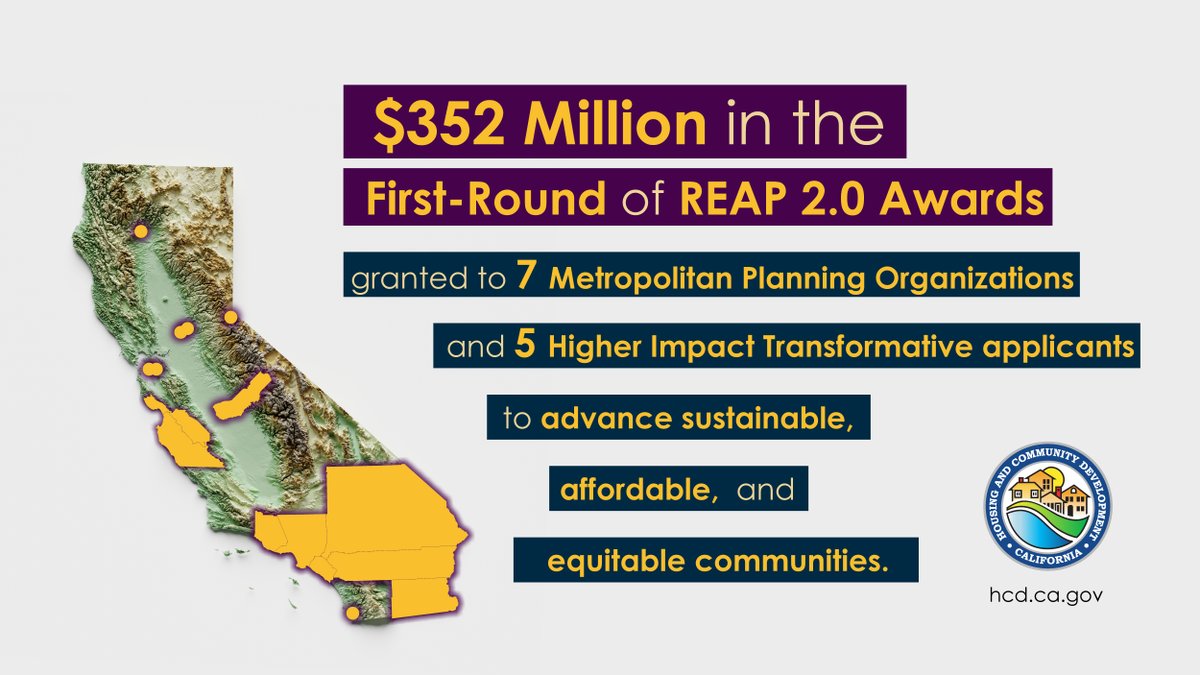 California_HCD's tweet photo. YES to a future where everyone can live closer to jobs, services, and daily destinations! REAP 2.0 announces $352 Million in awards to create sustainable, resilient, and equitable communities that are inclusive and take strong strides toward reducing vehicle miles traveled. 😍 https://t.co/0OqVZD9LKx