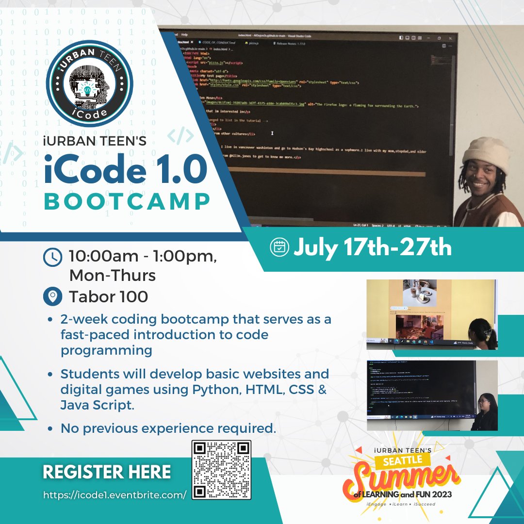 iurbanteen's tweet image. Check out @iUrbanteen's free #iCode bootcamp! Gain experience developing websites and #games using HTML, CSS, Java Script and Python... and we're not talking about the snake! Sign up today at; icode1.eventbrite.com/?aff=oddtdtcre…

@deenapierott