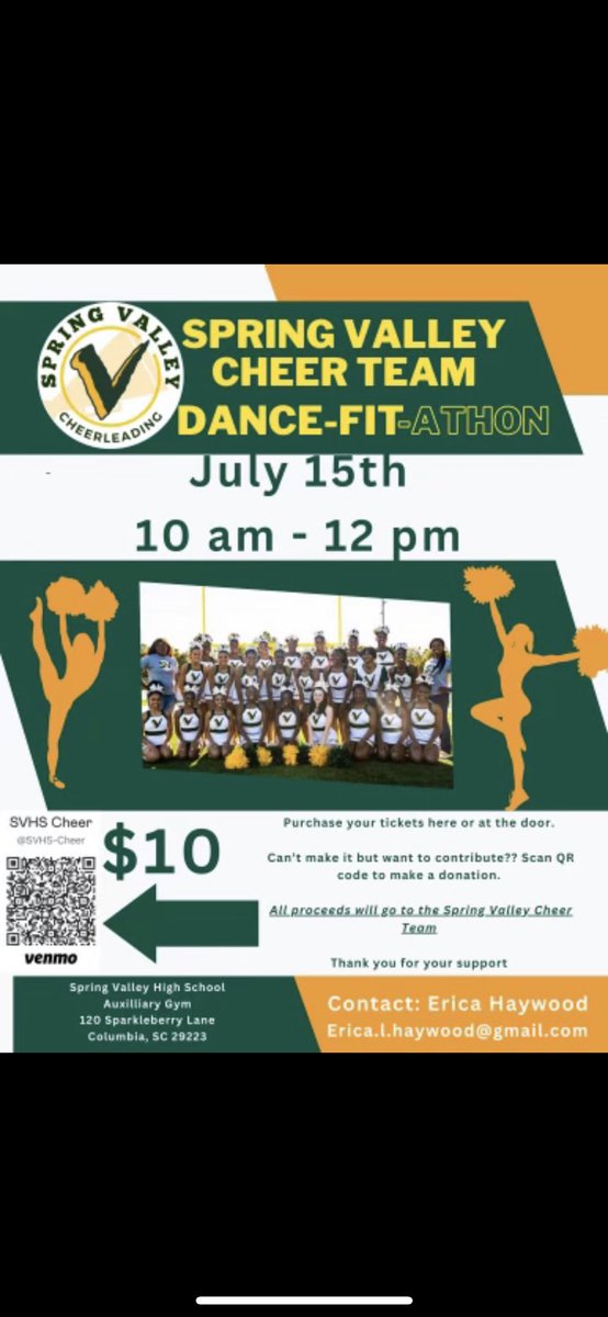 Join us for a FUN FIT morning!! 
All proceeds will go to SV Cheer Program! 💚💛💚💛
