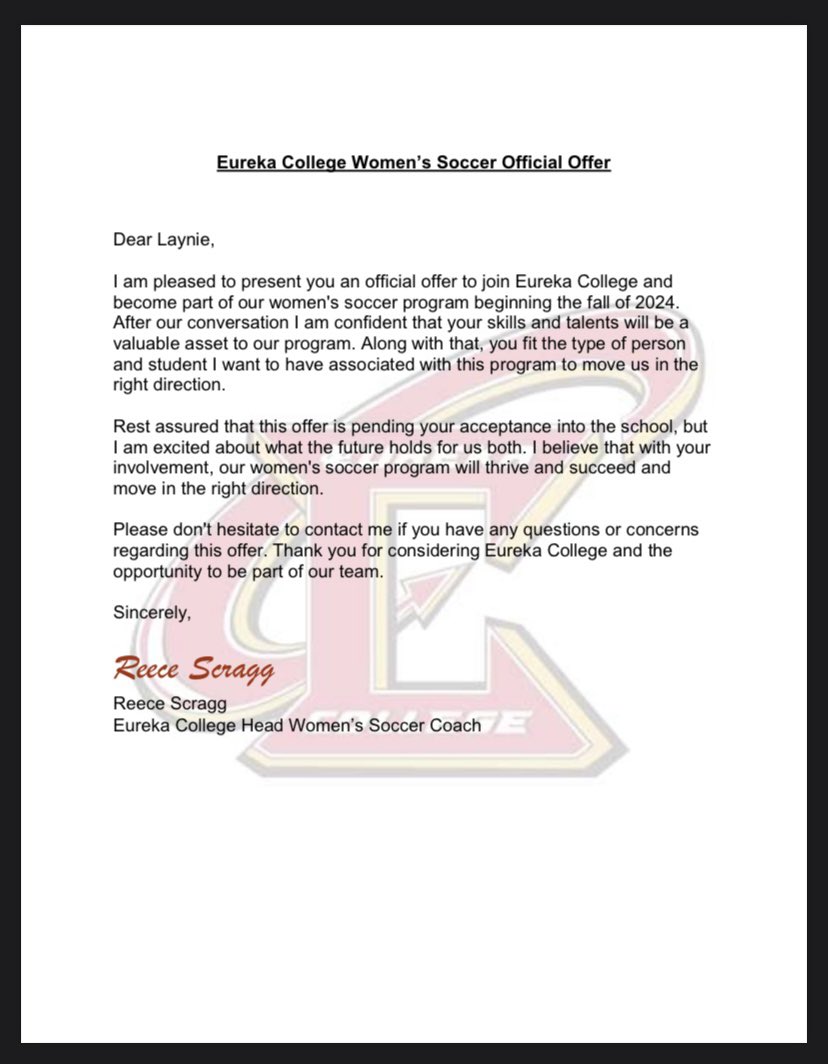 laynierecor's tweet photo. After an amazing phone call I am blessed to receive an official Dlll offer from Eureka college soccer. Super excited for what the future holds! @RedDevilsWSOC @Reece14Scragg https://t.co/rbJgn8fVVx