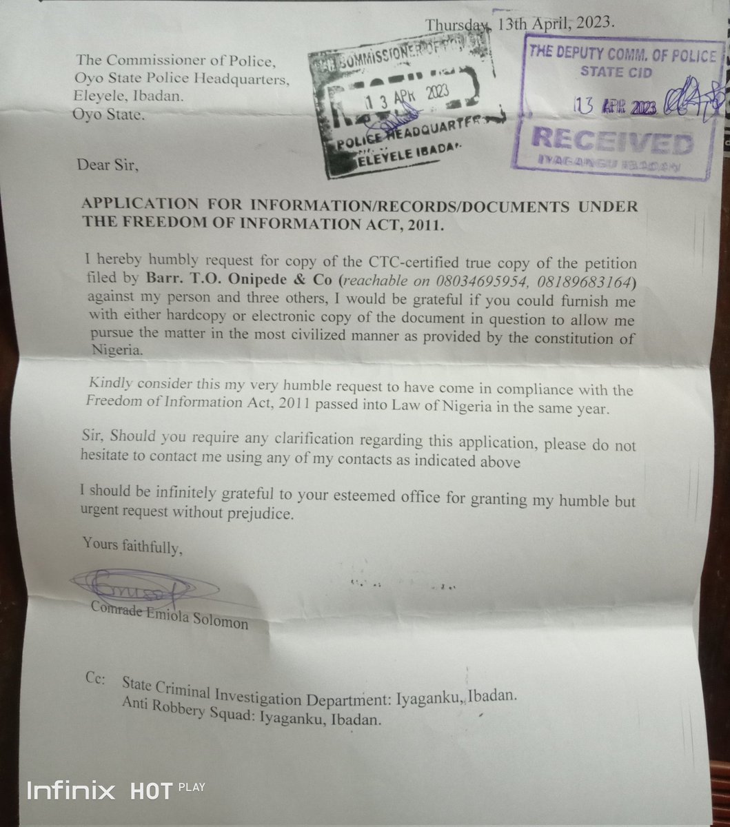 EmisolJ's tweet photo. when will @OyoPoliceNG going to instruct State CID to refund money extorted frm my relations on March 31, 2023 &amp; also instructed them to furnish me with Petition that led to my detention, former CP was aware. O/C Anti-Robbery &amp; his boys Insp. Femi &amp; Abiola involved @PoliceNG_CRU https://t.co/5jOiZ17i4l