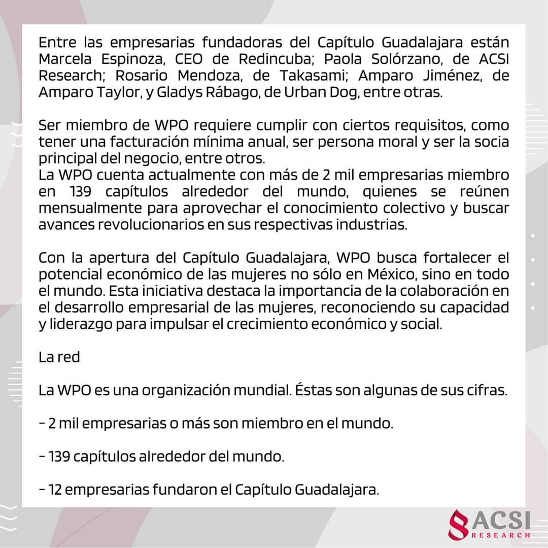 Les compartimos un poco de la cobertura de medios que cubrieron el evento de Toma de Protesta del Capítulo Jalisco, del Women Presidents Organization (WPO).🖊🏢

Un orgullo que nuestra CEO. Paola Solórzano sea parte tan representativo de estos espacios.📊