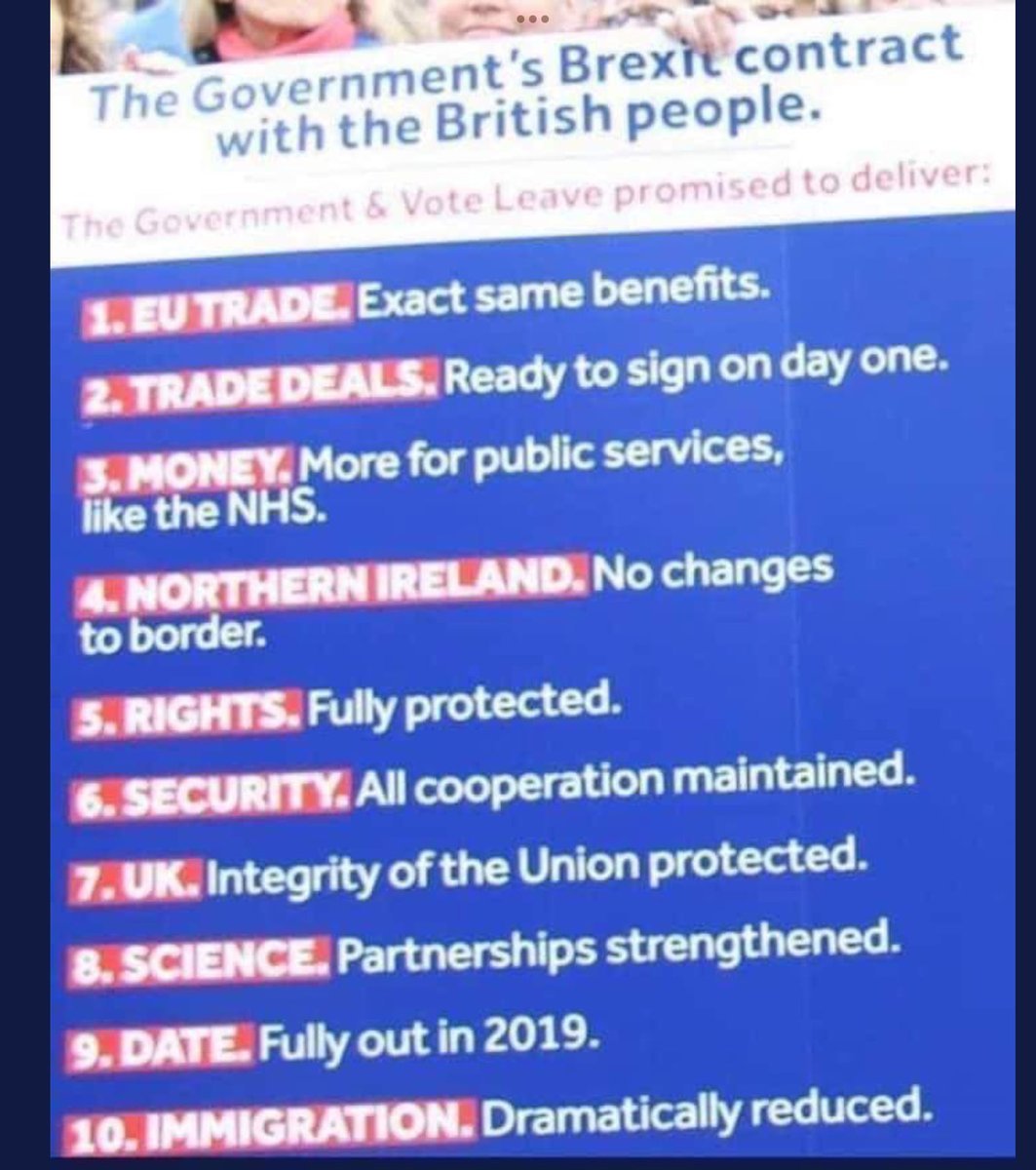 This was the '#Brexit Contract' from Vote Leave, 10 promises to the voters of the UK. NOT ONE of these promises has been kept. Not even close. Leave voters, you were lied to. Why do you still think you were ever right?