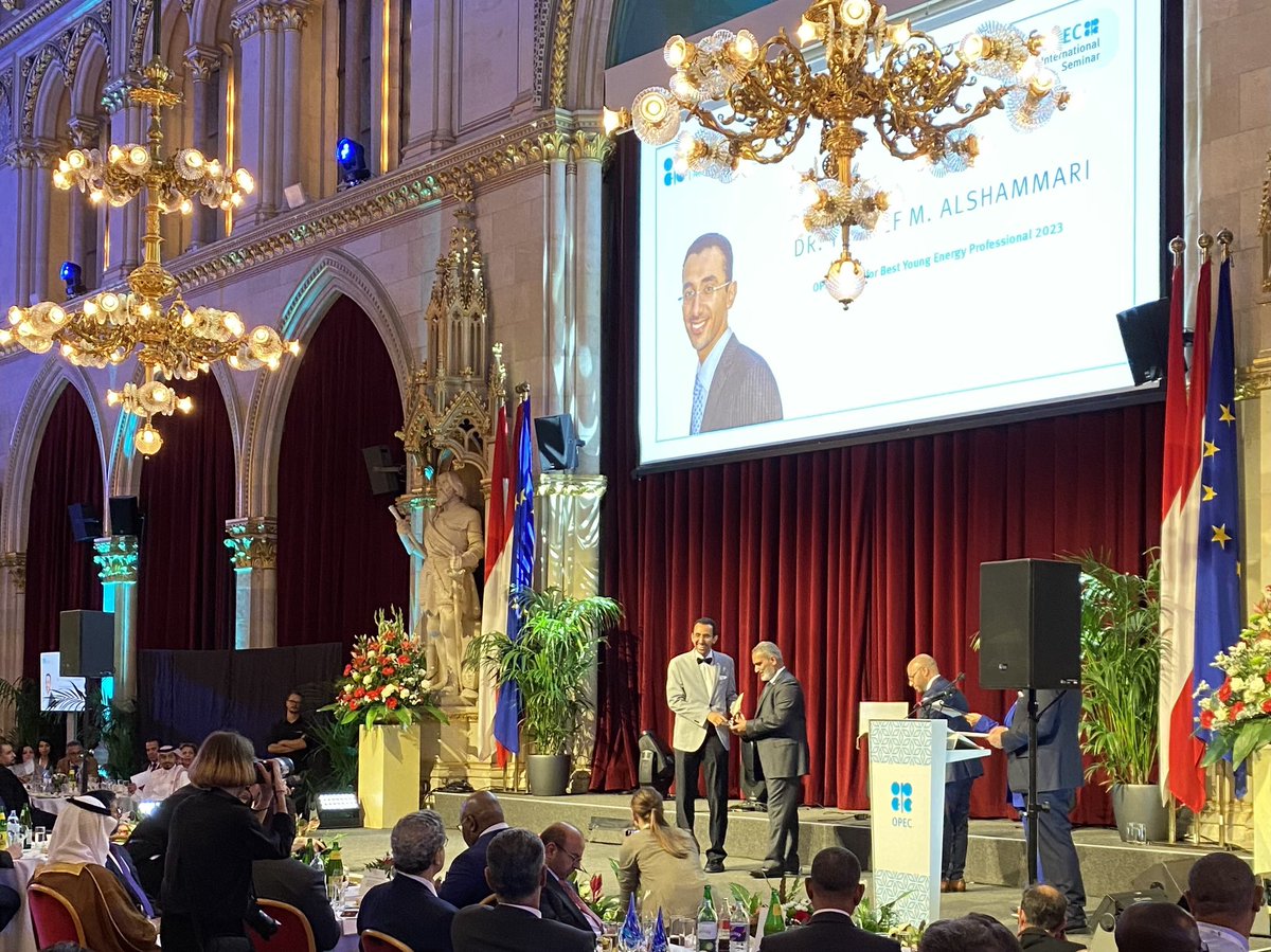 YAlshammari's tweet photo. On this special Viennese evening, I’m extremely delighted to be honoured of the OPEC Award of the Best Young Energy Professional 2023, An award that recognizes young professionals who made extra ordinary and sustained contributions to delivering better understanding of key determinants of energy markets stability. 
@OPECSecretariat 
@imperialcollege 
@CMarkits