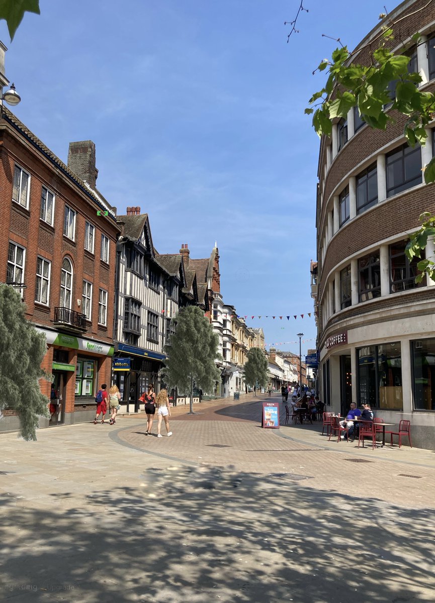 PositivelyFaye's tweet photo. Dreaming of a greener, cooler and friendlier town.
Tavern Street, Buttermarket Street, Princes Street and Queens Street in Ipswich, reimagined with trees, planting and benches.

#greenfuture #coolingsolutions #floodmanagement  #cleanair #mentalhealth  #placemaking
#BadPhotoshop https://t.co/HmSvYbSCt5
