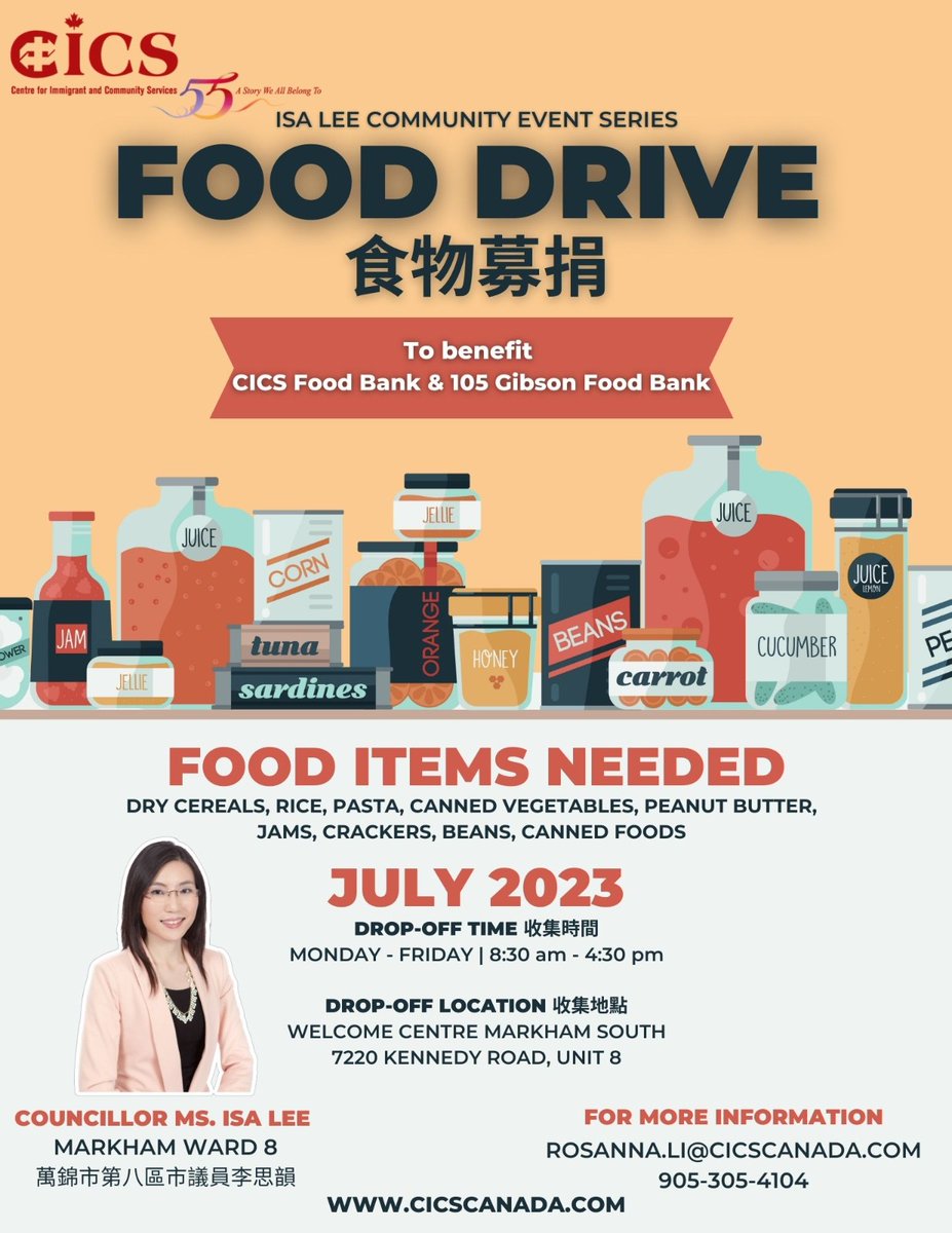 Excited to partner with  <a href="/Welcome_Centre/">WelcomeCentre.ca</a> Markham South in hosting my monthly #markhamward8 #fooddrive to support food banks <a href="/105Gibson/">105 Gibson Centre</a> <a href="/CICS_Canada/">Centre for Immigrant and Community Services (CICS)</a> as part of CICS's 55th anniversary celebrations!