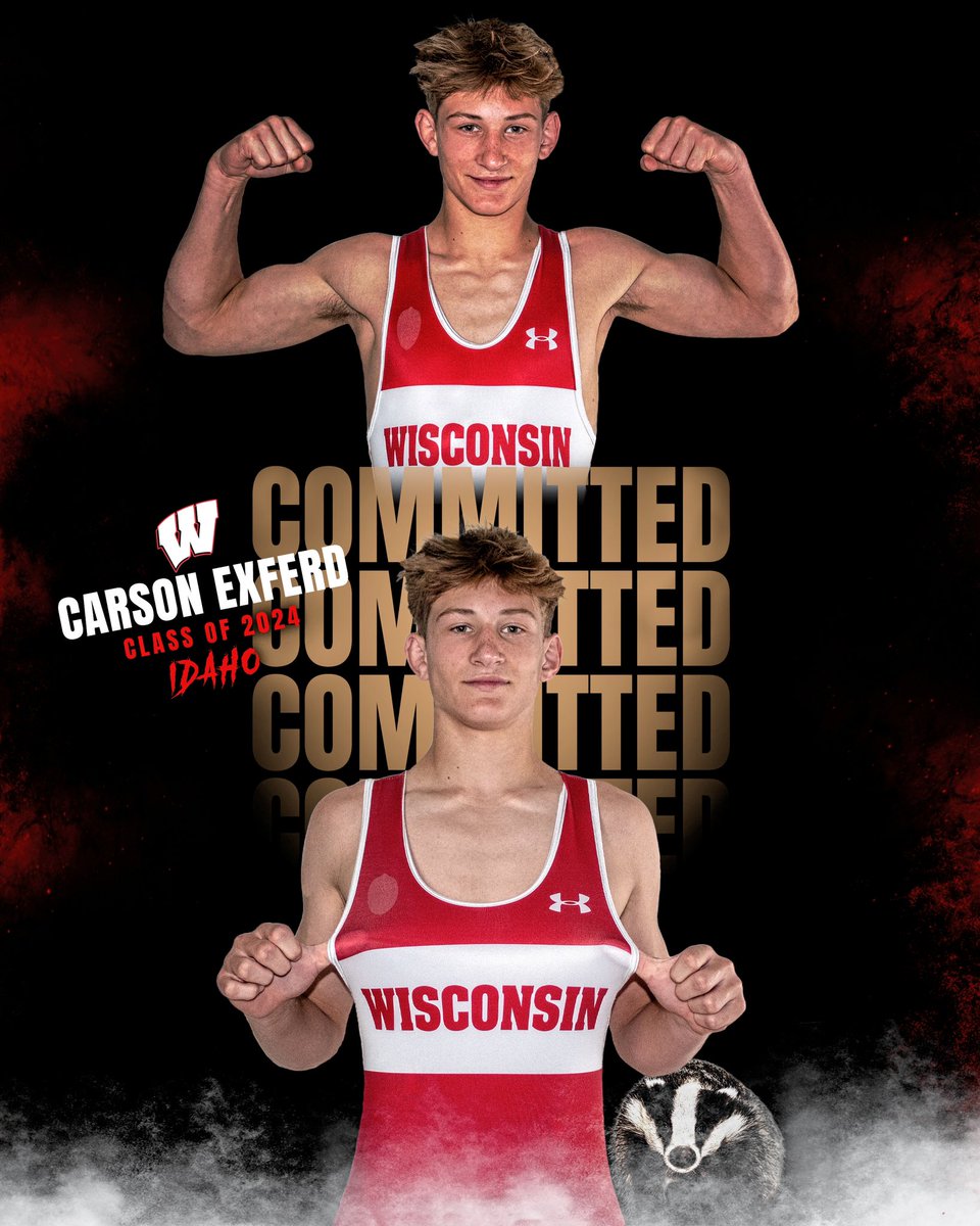 Welcome to Wisconsin, class of 2024 commit, Carson Exferd! 🔴⚪🦡

Carson is already a 3x Idaho State Champ and will begin his senior season and quest for a title for number four at Nampo High in the fall. 

#WisconsinWrestling #commit #LetsGo #badger #graphic