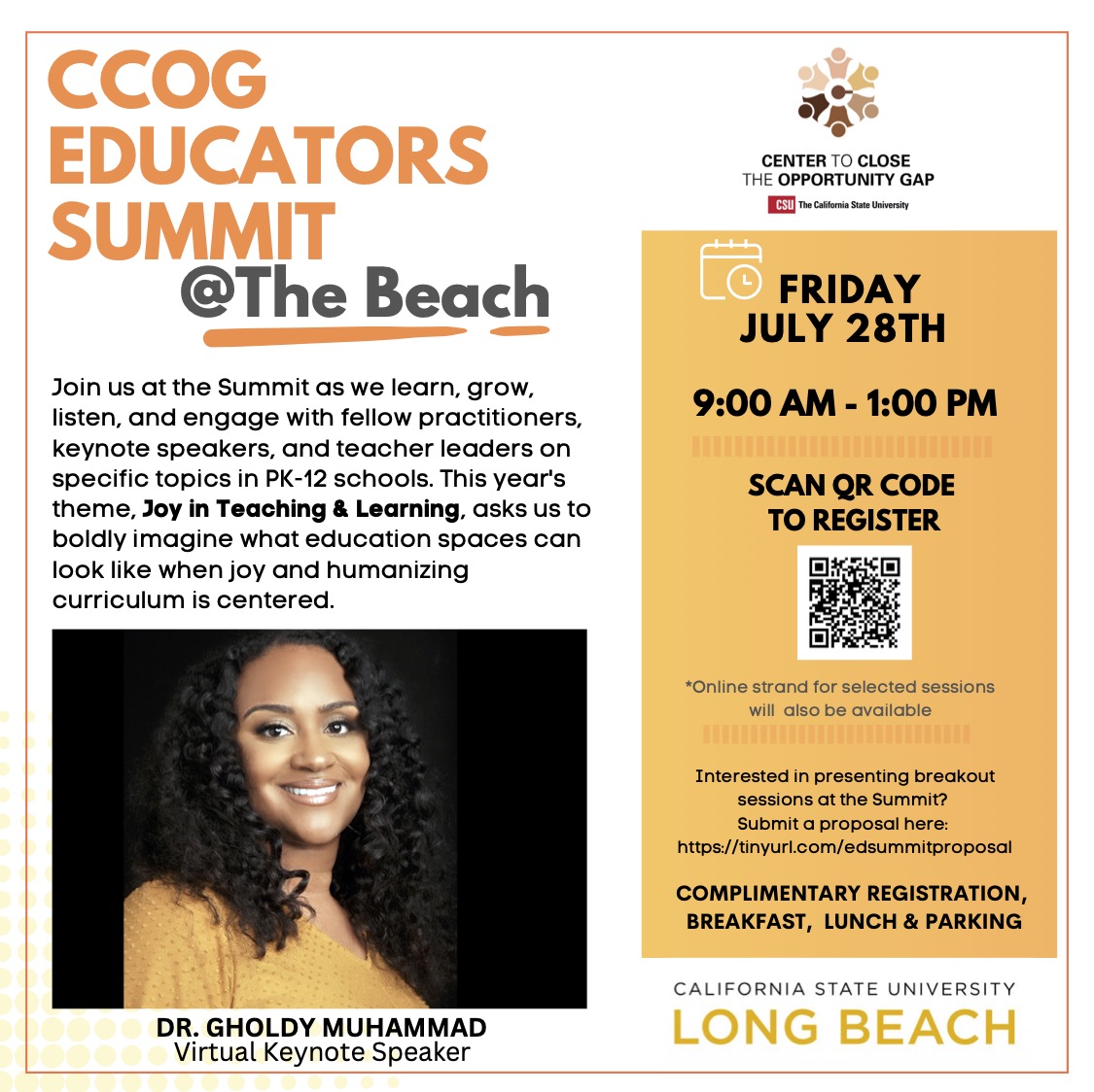 CalStateCCOG's tweet photo. Announcing CCOG Educators Summit virtual keynote speaker, Dr. Gholdy Muhammad, who was named among the top 2022 education scholars of public influence. She is the author of the best-selling books, Cultivating Genius (2020), and Unearthing Joy (2023).
https://t.co/3EPEu3gXnv https://t.co/HqrflvZ2H5
