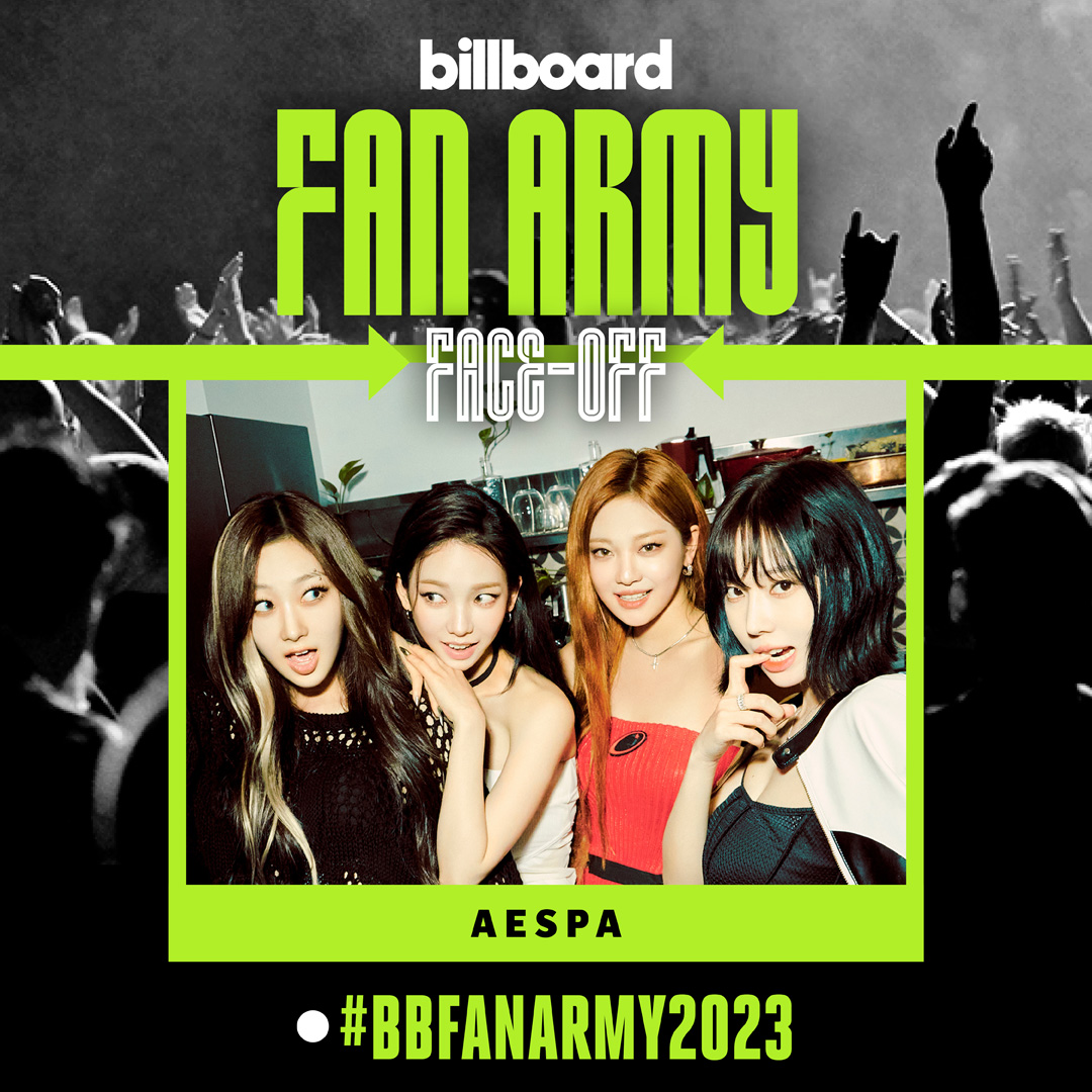 billboard's tweet image. It's aespa's #MYs vs. Drake's #TeamDrizzy in Round 1 of the #BBFanArmy2023 bracket!

Vote now for who you think has the stronger fan army: blbrd.cm/aXe4Udu