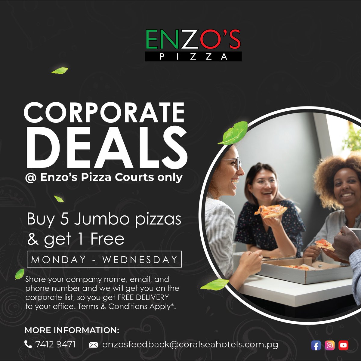 coralseahotels's tweet photo. 🤔 What's a good way to start off the week at work? 💼🍕 Enzo's Pizza Corporate Deals! 👩‍💼

Purchase 5 Jumbo Pizzas &amp; get 1 FREE!
Every Mondays - Wednesdays, ONLY AVAILABLE at our 📍Enzo's Pizza - COURTS outlet.

Call us!☎️+675 7412 9471.

#pizzatime #CorporateDeals https://t.co/jFTaeRMRQz