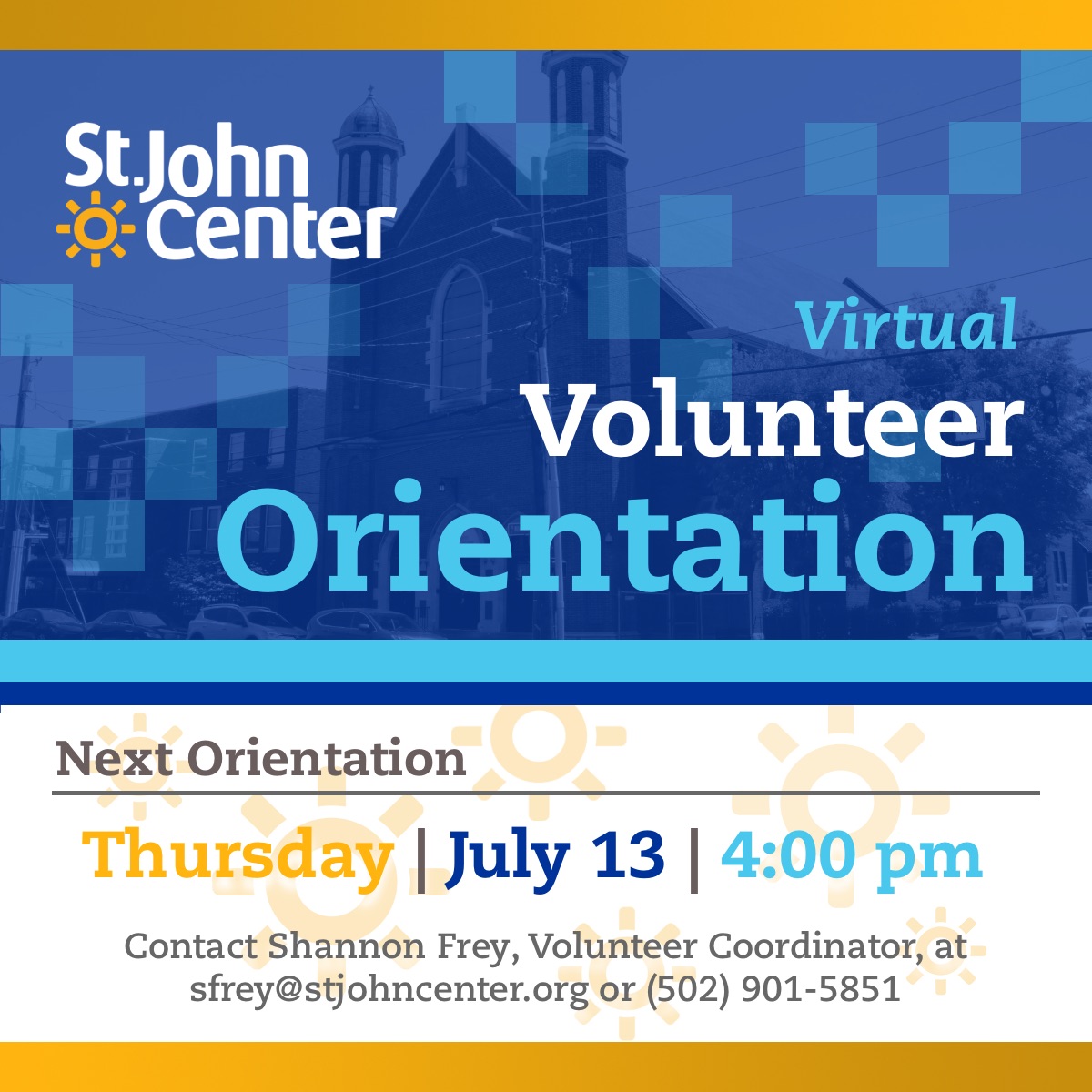 Join us for the next Virtual Volunteer Orientation on July 13 at 4:00 pm!  Be part of the caring community that welcomes each person we serve. Visit us02web.zoom.us/j/84312468160?…

#SJCFamily