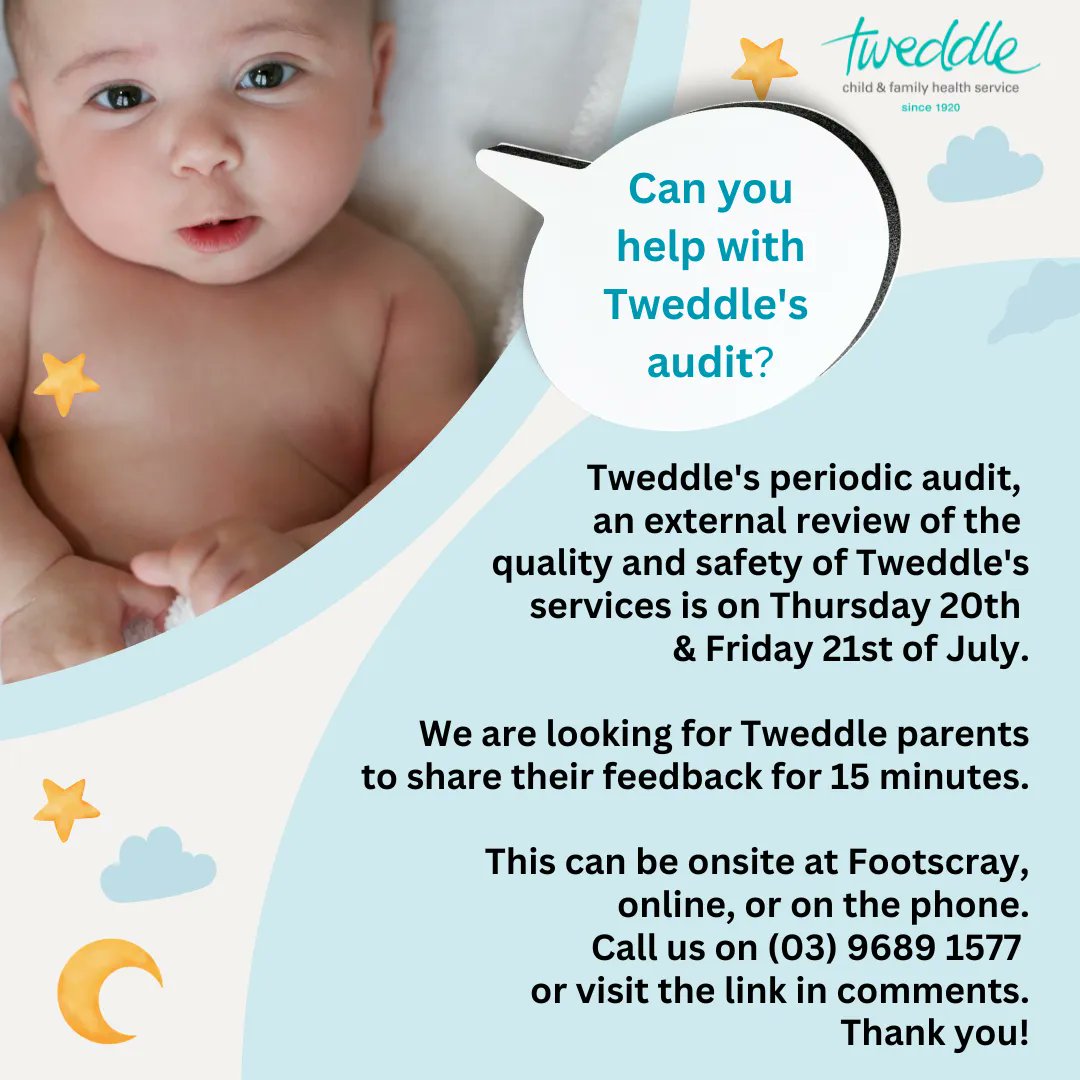 Tweddle parents wanted! We need your help with our upcoming periodic audit as a public hospital. Have your say by speaking with the auditors in-person, by phone or online for 10-15 minutes on Thurs 20th or Fri 21st July. Phone (03) 9689 1577 or visit buff.ly/43dHCaC 🙏