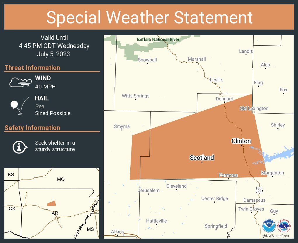 NWSLittleRock's tweet photo. A special weather statement has been issued for Clinton AR and  Scotland AR until 4:45 PM CDT https://t.co/Oiowo7UZB0