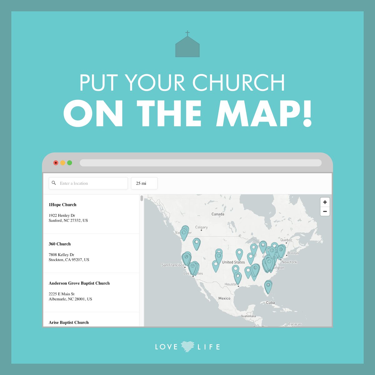 lovelifeusa's tweet photo. When your church signs up to become a House of Refuge, we will add you to this interactive map as an avenue for abortion vulnerable families to connect with you.

If you would like to be added to our national network of Houses of Refuge, please visit https://t.co/HuTFEwshpP. https://t.co/7Uj6SzPAgz