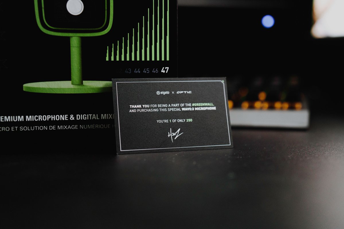 OpTic's tweet photo. Made for the #GreenWall, designed by OpTic 🔥

Turn your setup into a production studio with our Limited Edition custom @elgato Wave:3 Mic &amp; Streamdeck MK.2, available this Friday 🎙️ https://t.co/6AzUHHHbEw