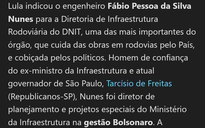 GustavoPanela13's tweet photo. 🚨Parece piada, mas o Lula indicou um correligionário de VALDEMAR COSTA NETO e homem de confiança de Tarcísio para o DNIT

O mesmo Lula que entregou o mesmo DNIT para o Valdemar e... deu no que deu https://t.co/fS7qKNS9oq