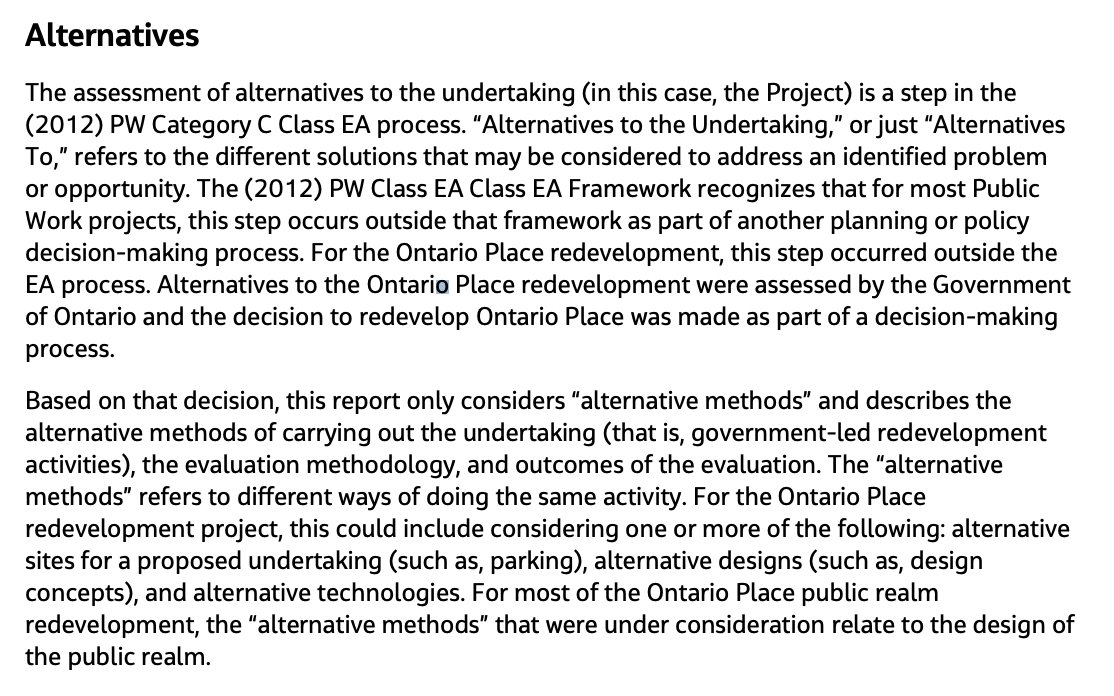 #topoli #onpoli A choice example of the extent to which <a href="/fordnation/">Doug Ford</a> distorted Ontario's EA law to justify <a href="/ThermeGroup/">Therme Group</a>'s mega-spa. Not only was this giant scheme exempted; the govt also disregarded its obligation to consider alternatives to the proposal, a hallmark of EA law.