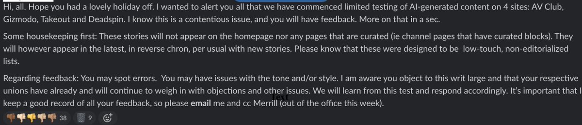 maxwelltani's tweet photo. Staff at G/O Media aren't pleased with today's rollout of AI-generated content. From G/O Slack today: https://t.co/e8soQmMBVW