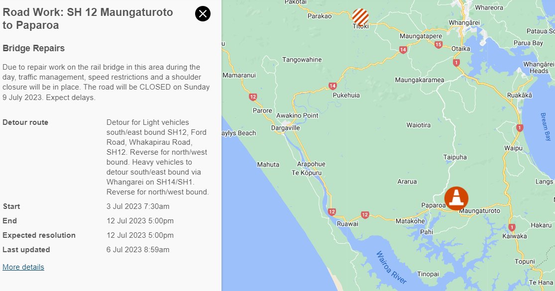 nztaaklnth's tweet photo. SH12 MAUNGATUROTO TO PAPAROA
#SH12 will be closed between Maungaturoto and Paparoa on Sun 9 Jul from 8:00am - 6:00pm. Stop/Go traffic management is in place until Sat 8 Jul & again on Mon 10 Jul. Plan ahead for detour via SH14/1(Heavy vehicle's) : https://t.co/r21DBnnHqv https://t.co/KyMYbS2oWb
