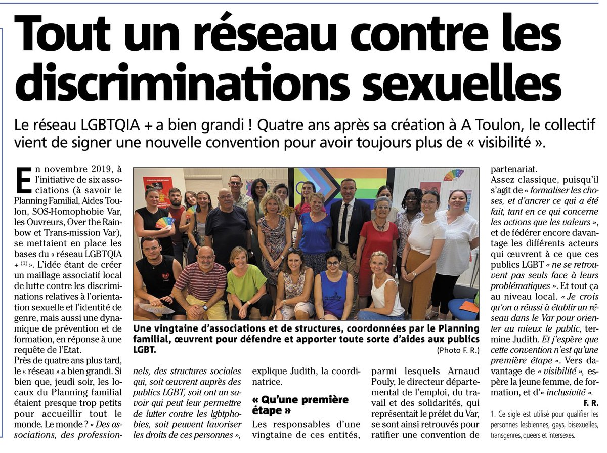 Le Collectif Fiertés Toulon à signé la Convention du Réseau LGBTQIA+ du Var aux côtés du Planning Familial Varois, SOS Homophobie Var, Trans-mission 83, Rando's Provence et de différents professionnels et structures sociales oeuvrant dans le monde LGBTQIA+

Article du Var Matin.