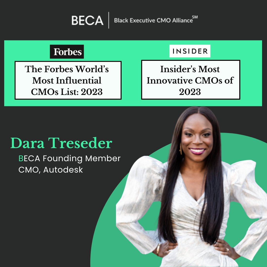 TheOfficialBECA's tweet photo. Congratulations to BECA Founding Member, Dara Treseder, for making The Forbes World's Most Influential CMOs List, and being honored as one of the 25 visionary marketers on Insider's Most Innovative CMOs of 2023 list!
#BECAstrong #DaraTreseder #BlackExecutiveCMOAlliance https://t.co/t8d0gQWXeM