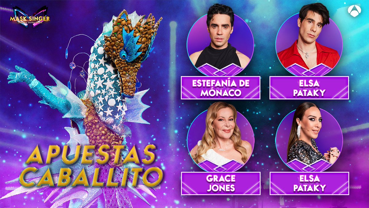 MaskSingerA3's tweet image. Apuestas sobre Caballito de Mar:

- @javviercalvo y @monicanaranjo: Elsa Pataky (@ElsaPataky_)
- Javier Ambrossi: Estefanía de Mónaco (@Estefania_Monac)
- Ana Obregón: Grace Jones (@gracejones)

Directo ▶️ atres.red/fwula #MaskSingerFinal