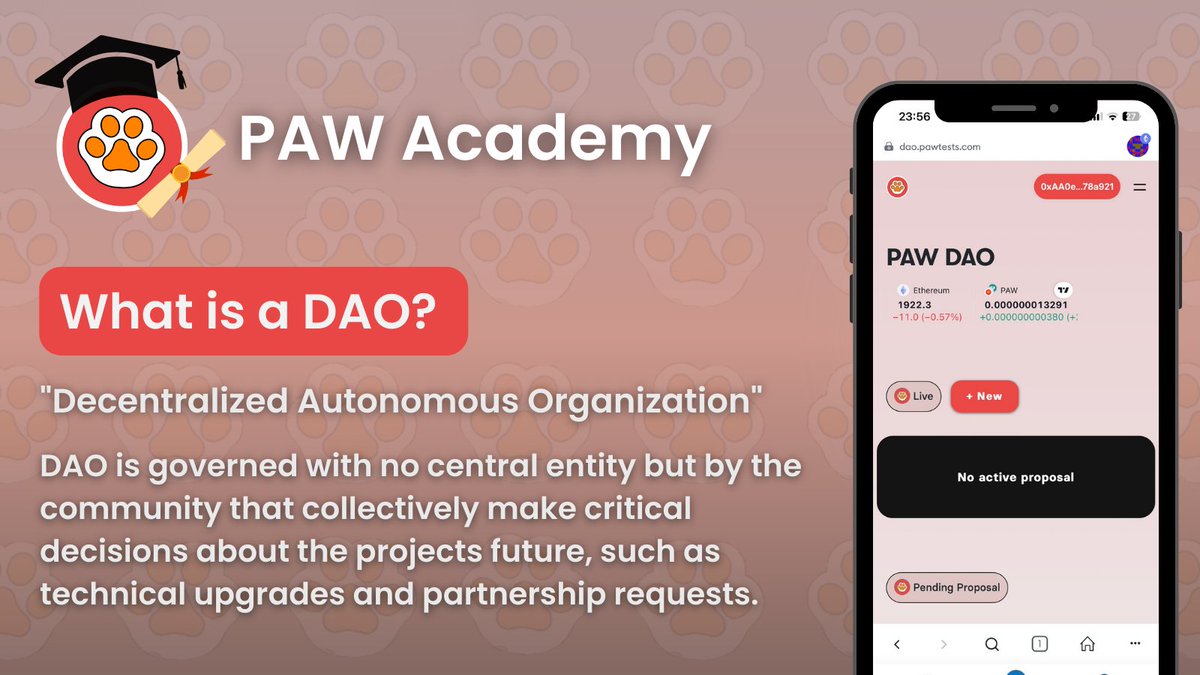 PawChain's tweet image. Welcome to $PAW Academy - A place where we share knowledge on simple and complex topics within the vast world of #blockchain, #crypto, and #DeFi! 🎓

At #PAWchain we believe transparency, security, and education are vital to revolution at scale.

Today we talk about DAO👇🏼