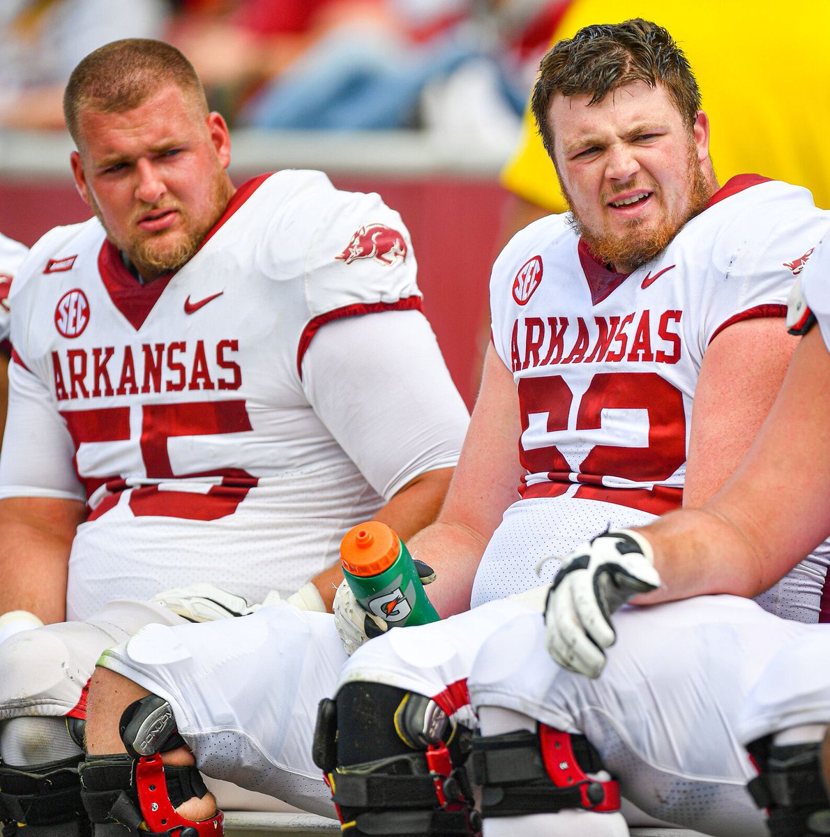 JimNagyOU's tweet photo. Arkansas only returns two starters up front—Brady Latham & Beaux Limmer—but that pair has impressive 65 combined starts and gives @RazorbackFB two legit draftable OL prospects.

#62 Latham’s efficiency & effectiveness grew on us over course of tape study and he’s among top-graded OG for 2024 @seniorbowl heading into fall.

@BradyLatham62 is type of smart, tough, & dependable O-linemen that NFL coaches covet because has knack for hanging, battling, and getting people blocked at high rate.

#55 Limmer will be moving from RG to OC this fall and we look forward to evaluating him at center since that will be primary position as a pro. 

@beaux_knows_ has the quickness, lateral range, and awareness to move up draft boards at his new spot.

#BestoftheBest 
#TheDraftStartsInMOBILE™️