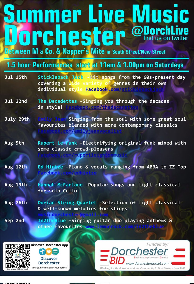 We have a great summer Saturday live series of free street performances for you again this year starting on the 15th July with #Sticklebackjack #Dorchlive