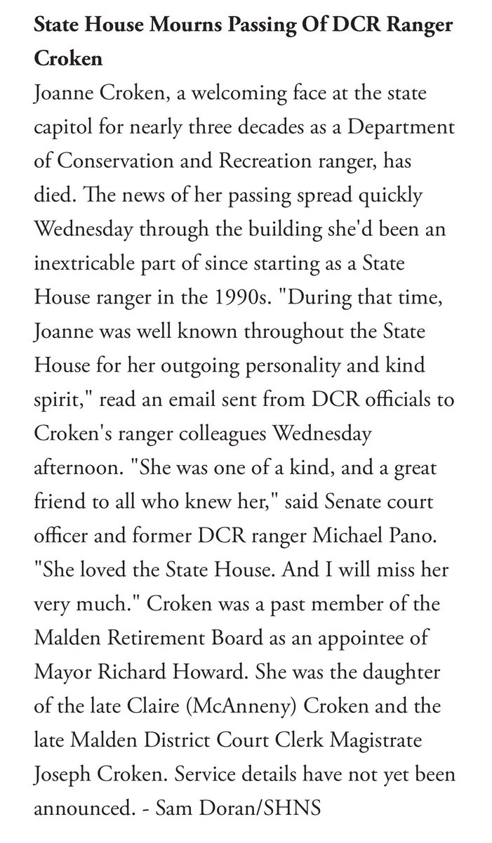 Joanne was one of the most lovely and welcoming public servants at the State House and countless staff and visitors will certainly miss her friendly face.