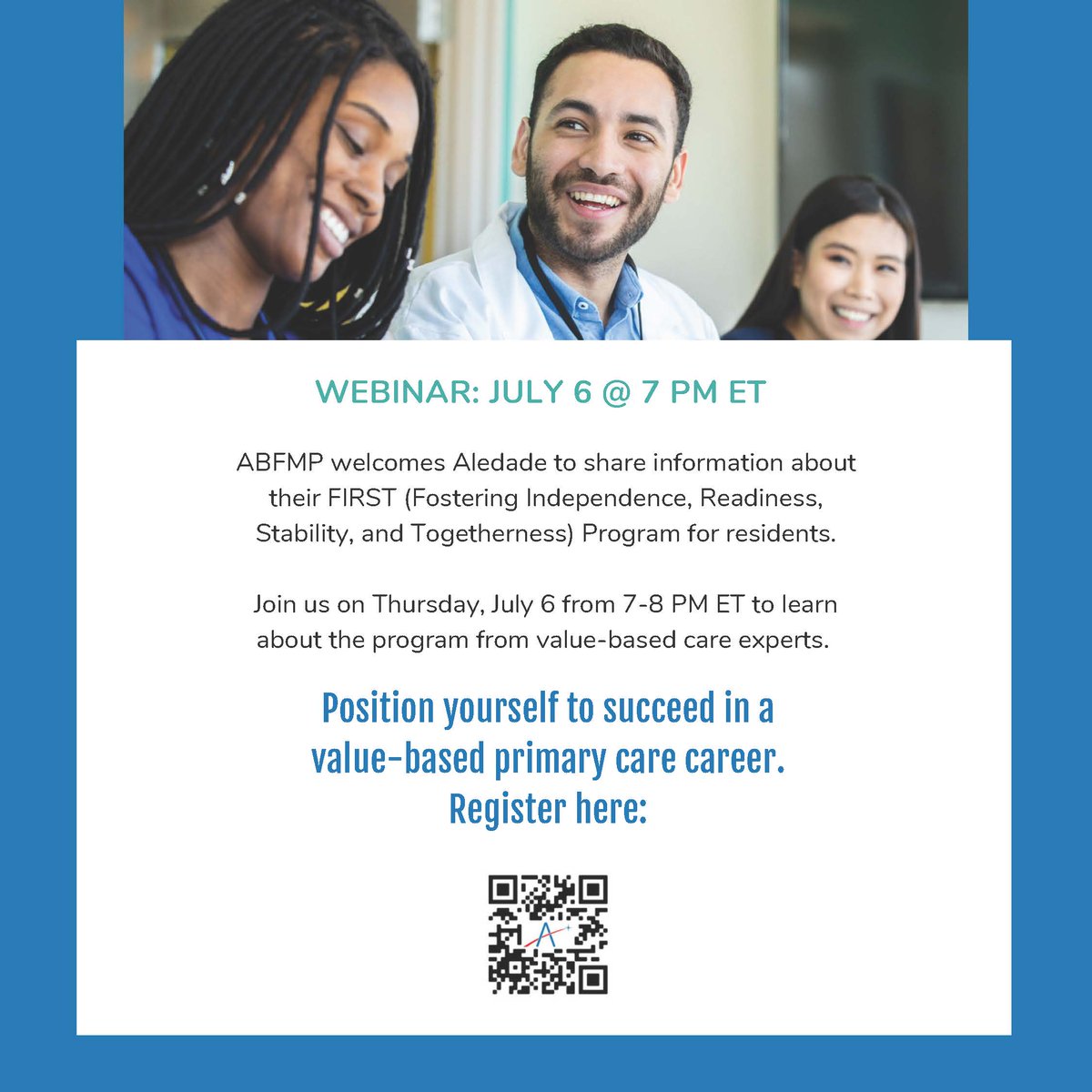 Join us Thursday, 7/6 at 7PM ET to learn about <a href="/AledadeACO/">Aledade</a>'s FIRST program, where residents can take part in electives, rotations, and career development to pursue a career in value-based care. Add to your calendar: evt.to/ahuiidgaw #FMRevolution #FMRising #MedTwitter