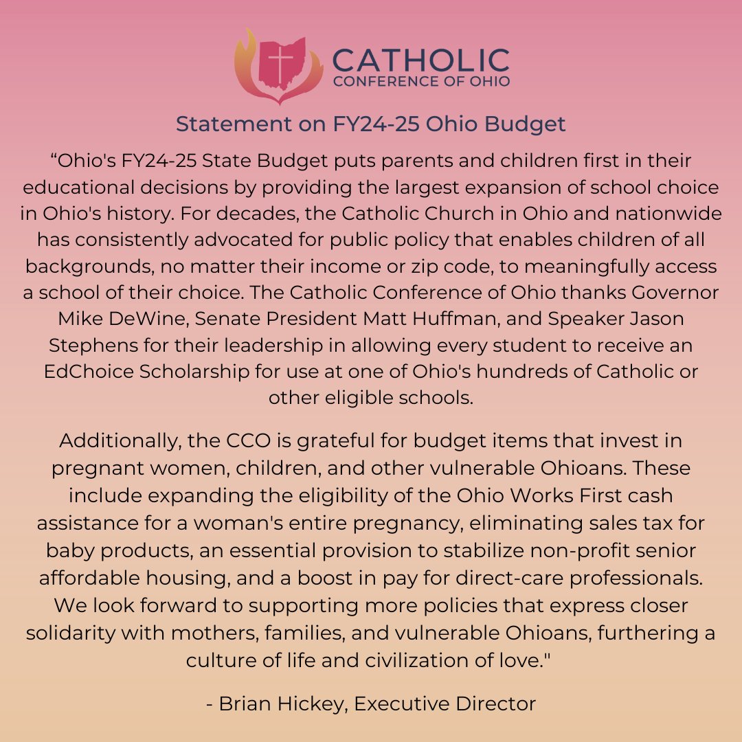 CCO Executive Director, Brian Hickey, issued the following statement about the FY24-25 State Budget. View the full statement and more details at ohiocathconf.org 

#ohiocatholics #ohstatebudget #edchoice #womeninneed #civilizationoflove