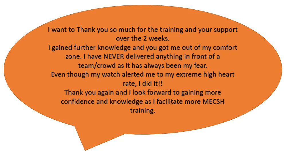 So great to get good feedback! This was shared by one nurse who recently completed MECSH train-the-trainer training! We wish you all the best as you impact families and help your peers to do so as well!