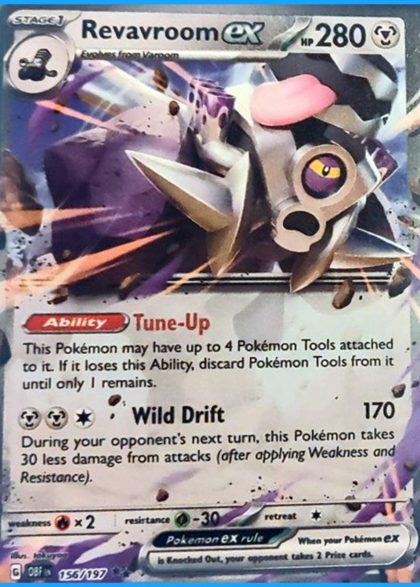 PokeGetInfoMain's tweet photo. 【新カード判明】
黒炎の支配者収録(?)
✅ブロロロームex

[特性]
このポケモンは、「ポケモンのどうぐ」を4枚までつけられる。（この特性がなくなったとき、自分は「ポケモンのどうぐ」を1枚になるようにトラッシュする。）

[ワザ]
次の相手の番、このポケモンが受けるワザのダメージは「-30」される。

#ポケカ #ポケモンカード 

『黒炎の支配者』抽選販売情報まとめ
https://t.co/x27ABvdioQ
