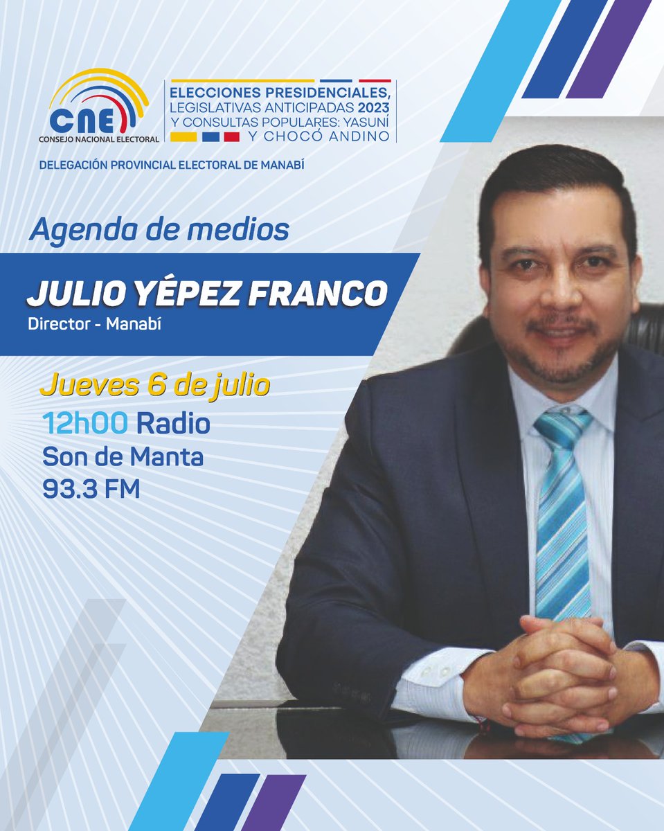 CNEManabi's tweet photo. MAÑANA 📻🎙️

Nuestro director provincial, @JulioEYepez, estará en #PuntoFinal de #SonDeManta para hablar sobre los avances de calendario de las #EleccionesAnticipadas2023Ec🇪🇨. 

Desde las 12h00 ¡No te lo pierdas! ⬇️ https://t.co/E5cMmJVL1P