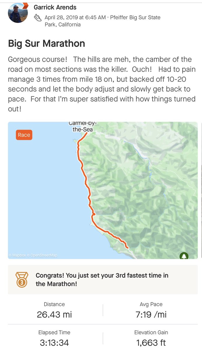 8ntmuch's tweet photo. Marathon training, racing…
 
Neither are easy if done right. But it can be fun!
 
In my time I’ve ran 3 road marathons. Yeah, only 3. lol  Trails are life, so the road had no business being a part of it. Until one day I realized how running roads benefited my trail running (and visa/versa).
 
My first was NYC Marathon (3:15), a few weeks after my first mountain 100 miler where I finished with 2 severe high ankle sprains. Around mile 5, the ankles started swelling and hurting. Weeeeeeeeee!
 
My 2nd was Big Sur marathon (3:13), which I feel is best suited for trail runners, having 1600+ ft of climb and amazing views. I had been injured (bad ankle roll on trails lol) and had no marathon specific training. But the training I did was what I still do to this day, hill strides. (They are money in the bank!)
 
My 3rd marathon was our local Boise Marathon (3:00:00.82), where the 1st half of the race had high cross winds and the 2nd half was straight into 25 mph winds. As if marathons aren’t hard enough as it is!  Lol I trained my a$$ off for this race. However a month prior I did pace a friend for 62 miles of a mountain 100 miler! Haha  
 
Big Sur had got my qualifier for Boston, but I knew if I trained that I could get in with all the fasties, which is why I trained for the Boise Marathon, and goal 1 achieved, even though I didn’t dip under 3 hours, without the wind I would have dipped well under.
 
Peak week for Boston… race cancelled. I was in phenomenal shape, but was spent. If I’m being honest, I was kind of glad as I really didn’t feel like training that week, so I pulled back and went to trails for a reset. Since, I haven’t done any road racing, although I still throw in pavement pounding and speed work.
 
With everything I do with running, properly training for a marathon is probably the most brutal but rewarding thing you can do. Or, it was for me. But I train a little different than most. For me, train harder than the race. Putting myself in tough positions in training, and pushing through. It gives added confidence on race day. You’ve done the work. You’ve wanted to quit and just give up, but you didn’t. You pushed, conquered and man, that feeling of accomplishment, it drives me!

#marathon #marathontraining #running #motivation #strava
