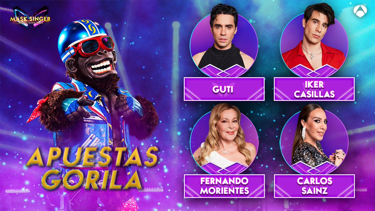 MaskSingerA3's tweet image. Apuestas sobre Gorila:

- @javviercalvo: Iker Casillas(@IkerCasillas)
- Ana Obregón: Fernando Morientes (@MorientesNo9)
- Javier Ambrossi: Guti (@GUTY14HAZ)
- @monicanaranjo: Carlos Sainz (@CSainz_oficial)

Directo ▶️ atres.red/fwula #MaskSingerFinal