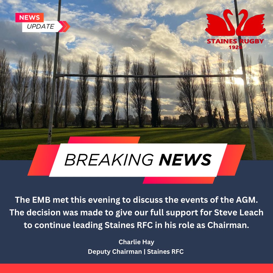 StainesRugby's tweet photo. 🚨 BREAKING NEWS 🚨

The EMB met this evening and are delighted to announce that Steve Leach will be continuing in the role of Chairman of the Club.

#bepartoftheteam https://t.co/zl2bzUrL4k