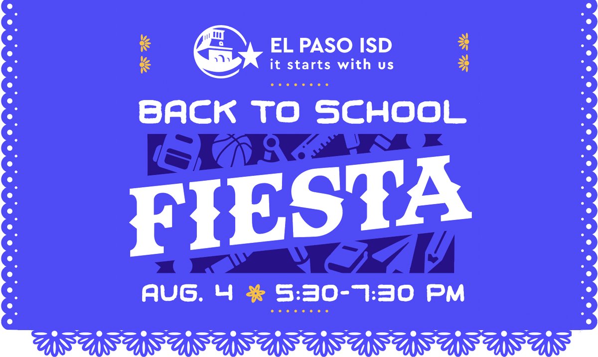 Save the date for a Fiesta! 🎊 Each El Paso ISD high school will host a Back to School Fiesta at 5:30 p.m. Friday, Aug. 4, 2023. Make plans to be part of our community convocation event and learn more about all that El Paso's District has to offer. #EPISDFiesta #ItStartsWithUs