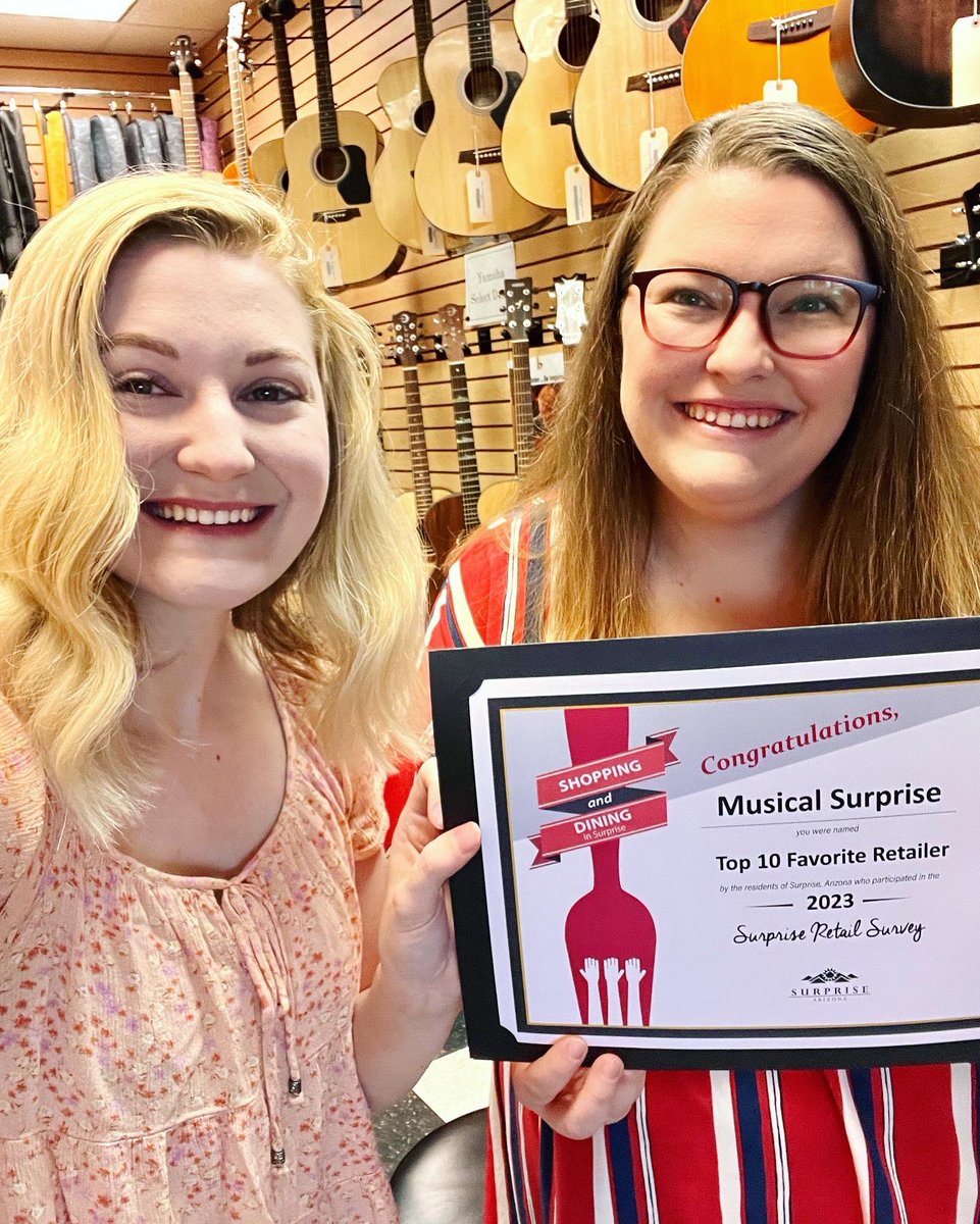 MusicalSurprise's tweet photo. For the 8th year in a row, Musical Surprise has been named one of the TOP FAVORITE LOCAL RETAILERS! We are so proud to be members of the Surprise community and love that we get to share the gift of music. ❤️🎶🥰 

Thanks for believing in our small business! https://t.co/WJLVkWRKwi