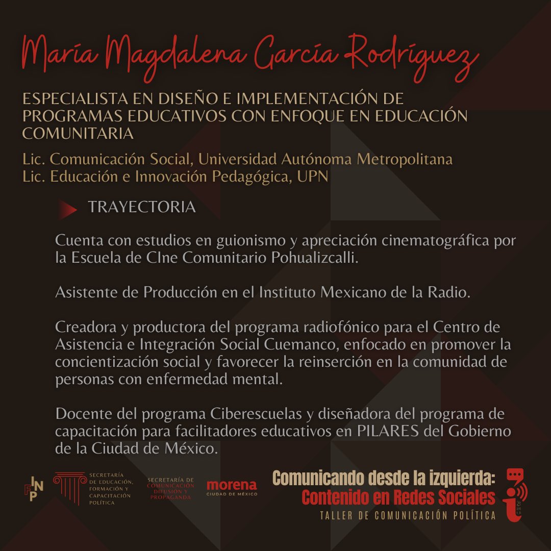 FPolticaCDMX's tweet photo. Te presentamos a nuestra tercera ponente.😃

María Magdalena Garcia Rodríguez, quien se encarga de compartir sus conocimientos, experiencia y talento  con nosotros para la creación de contenidos digitales.✨

No faltes.🙌 https://t.co/fLVcpe5t3U
