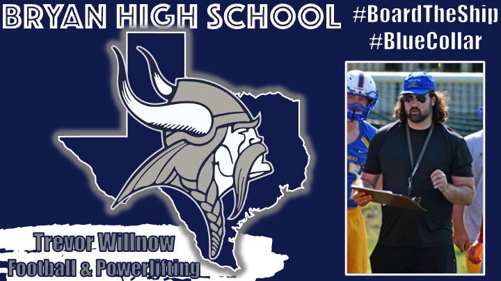 Bryan Viking Football (@bhsvikingfb) on Twitter photo Proud to announce <a href="/CoachWillnow/">Trevor Willnow</a> as our new OL coach and head powerlifting coach. Coach Willow comes to us from Oklahoma Panhandle State University. #BoardTheShip #BlueCollar Proud to announce <a href="/CoachWillnow/">Trevor Willnow</a> as our new OL coach and head powerlifting coach. Coach Willow comes to us from Oklahoma Panhandle State University. #BoardTheShip #BlueCollar