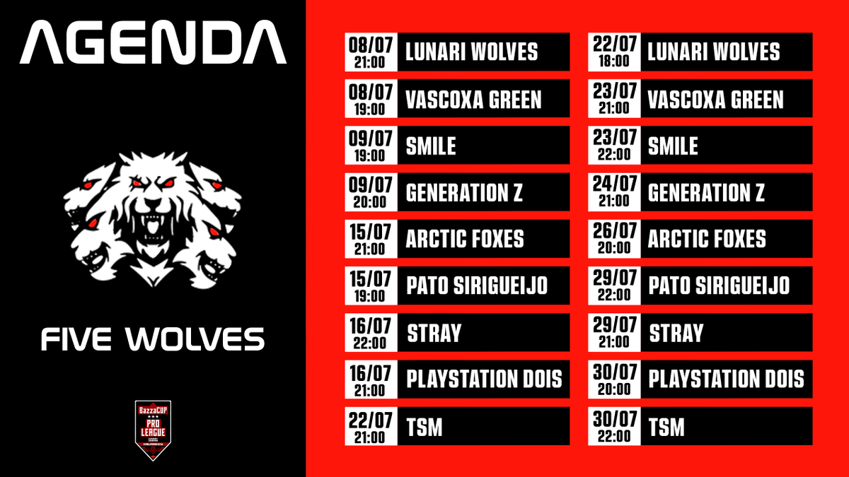 CupBazza's tweet photo. 🚨| FIVE WOLVES E-SPORTS - 5WE
▶️| Também com mudanças, a Five Wolves chega na BazzaCUP PRO League totalmente reformulada e em busca do título! A 5WE estreia na BazzaCUP PRO League no dia 08/07 às 19h contra a VASCOXA GREEN! Se liga na agenda personalizada da 5WE👇
#Go5WE https://t.co/8A9m36XrDH